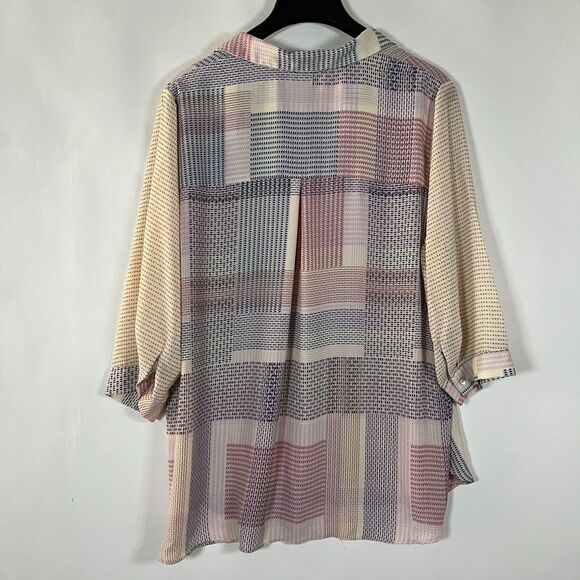 Rose & Olive Button Up Shirt 1X Geometric Pastel 3/4 Sleeve Work‎ Semi Sheer - Picture 7 of 10